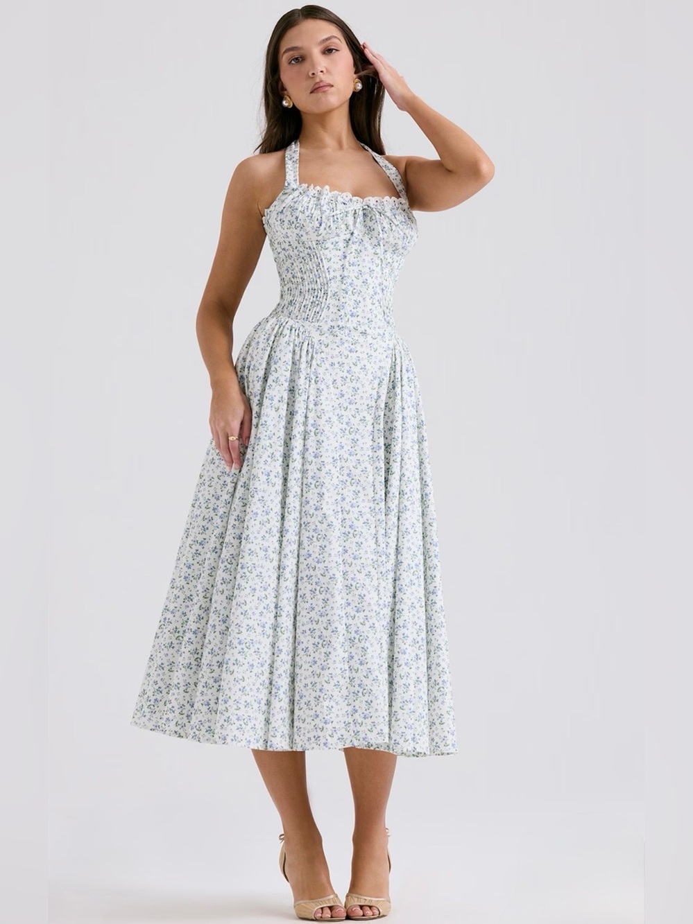 House of CB Adabella white bluebell print cotton halter sundress - Picture 9 of 16